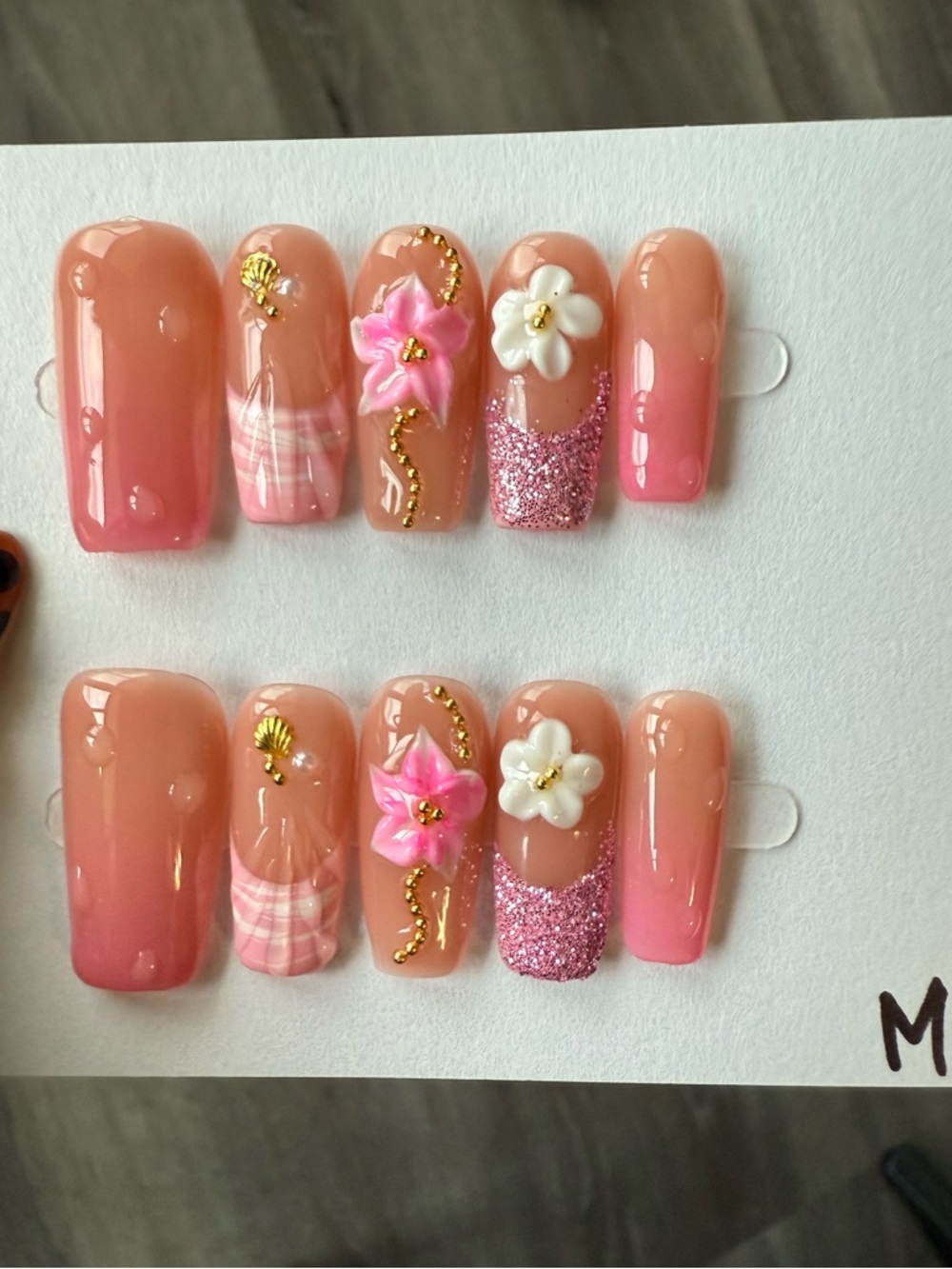Pink Floral Ombre Press-On Nails with Glitter Accents
